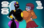  2_girls ameizing_lewds black_skin blue_eyes cartoon_network crossover duck_dodgers gigantic_ass gigantic_breasts glasses queen_tyr&#039;ahnee scooby-doo sweat symmetrical_docking velma_dinkley white_hair 