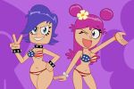  2girls american_flag_bikini ami_onuki bikini blue_eyes breasts cartoon_network hi_hi_puffy_amiyumi light_skin looking_at_viewer neck_collar pink_hair scobionicle99 smile standing yumi_yoshimura 