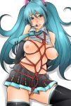 1girl aqua_hair arms_behind_back bdsm blush bondage bound breasts crotch_rope curvy female hatsune_miku large_breasts lips looking_at_viewer miku_hatsune nakasone_haiji nipples no_panties predicament_bondage shibari skirt solo thighhighs vocaloid