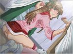  1girl azusagawa_tsukino blush bottomless brown_hair censored double_handjob dutch_angle gangbang green_eyes group_sex handjob jpeg_artifacts kneeling long_hair multiple_penises pencil_skirt penis pink_shirt pussy shirt skirt skirt_lift solo_focus sweat thighhighs tsukino_azusagawa uniform yakitate!!_japan zettai_ryouiki 