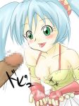 armband bakugan bakugan_battle_brawlers bare_shoulders blue_hair blush breast_slip breasts censored fingerless_gloves gloves green_eyes long_hair misaki_runo nipple_slip nipples one_breast_out penis penis_awe runo_misaki smile takappe tongue twintails