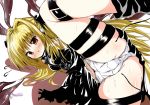 1girl bad_id belt blonde_hair blush cameltoe cauliflower_(artist) female flat_chest golden_darkness konjiki_no_yami long_hair open_mouth panties pantyshot red_eyes spread_legs tentacle thigh_strap to_love-ru toloveru twintails underwear upskirt white_panties