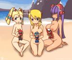 alia_(rockman) beach big_breasts embarrassed kneeling_female layer_(rockman_x) madkaiser medium_breasts mega_man mega_man_x palette_(rockman_x) pubic_hair pussy small_breasts