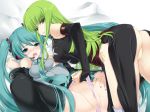 2girls aqua_eyes aqua_hair aqua_nails ass bare_shoulders black_legwear blush breast_grab breasts c.c. cameltoe cc censored code_geass crossover detached_sleeves elbow_gloves erect_nipples gloves grabbing green_eyes green_hair iizuki_tasuku long_hair lying miku_hatsune multiple_girls nail_polish necktie nipples on_back open_mouth panties panty_lift panty_pull pink_panties pussy pussy_juice spread_legs take_your_pick tears thighhighs thong underwear vocaloid wedgie yellow_eyes yellow_panties yuri