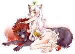  1girl amaterasu animal_ears anthro anthrofied barefoot capcom humanized issun long_hair nude okami oki oki_(ookami) ookami_(game) role_reversal tail tattoo tattoos white_hair wolf_ears 