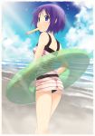  blue_eyes blue_hair cloud hiiragi_tsukasa innertube inori_hiiragi lucky_star mizuki_makoto popsicle purple_hair short_hair sky swimsuit 