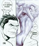  ass avengers big_breasts breasts bruce_banner butt cousins frank_cho hulk hulk_(series) incest jennifer_walters large_breasts long_hair marvel marvel_comics monochrome nude she-hulk short_hair sideboob superhero superheroine undressing 