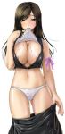  1girl areola_slip areolae breasts brown_eyes brown_hair final_fantasy final_fantasy_vii final_fantasy_vii_advent_children fumizuki_misoka huge_breasts long_hair mouth_hold nipple_slip nipples panties pussy_juice solo tifa_lockhart underwear white_panties 