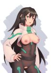  1girl arm_at_side bangs belt bigrbear black_bodysuit black_hair blush bodysuit breastless_clothing breasts breasts_out_of_clothes cleft_of_venus cowboy_shot crotchless_clothes green_eyes gundam gundam_build_divers_re:rise hand_on_hip high_resolution long_hair long_sleeves looking_at_viewer may_(gundam_build_divers_re:rise) nipples parted_lips pussy shrug_(clothing) two-tone_background uncensored very_high_resolution wet wet_clothes 