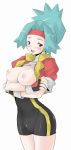 1girl bad_id blue_hair blush breasts creatures_(company) endou_masatoshi endou_masatoshi_(artist) erect_nipples fingerless_gloves game_freak gloves headband hinata_(pokemon) huge_breasts humans_of_pokemon masatoshi nintendo nipples open_clothes open_shirt padded_gloves pink_eyes pokemon pokemon_(anime) pokemon_(game) pokemon_ranger pokemon_rse pokemon_ruby_sapphire_&_emerald red_eyes shirt simple_background single_vertical_stripe sleeves_rolled_up solana solo spandex teal_eyes white_background