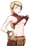  1girl blonde_hair bracelet breasts dancer dancer_(fft) final_fantasy final_fantasy_tactics higure_garden jewelry long_hair midriff navel no_bra shirt_lift solo white_background 