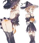  1girl 1girl 1girl :&lt; ? ass backless_outfit bare_shoulders bent_over black_dress black_legwear black_neckwear blush buttoniris closed_mouth detached_collar detached_sleeves dress hair_bun halloween_costume hat high_resolution jack-o&#039;-lantern looking_at_viewer neck_tie open-back_dress orange_panties original panties pink_eyes purple_headwear simple_background standing stockings tied_hair two_(buttoniris) underwear white_background wing_collar 