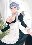 1girl apron big_breasts blue_hair braid breasts brown_eyes crown_braid curtains female_only female_solo fire_emblem fire_emblem:_fuukasetsugetsu fire_emblem:_three_houses high_resolution j@ck large_filesize light-skinned_female light_smile looking_at_viewer maid maid_apron maid_headdress marianne_von_edmund nintendo nipples open_clothes open_shirt tied_hair very_high_resolution