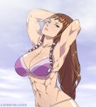  1girl 1girl 1girl alluring alter-22 altertwentytwo arms_behind_head athletic_female biceps big_breasts big_breasts blue_eyes braid brown_hair brunette circlet cleavage elee0228 elf female_abs female_only fit_female hair lips long_hair looking_at_viewer navel nintendo pointy_ears princess_zelda shiny shiny_skin the_legend_of_zelda very_long_hair zelda_(twilight_princess) 