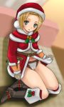 1girl blonde_hair blue_eyes blush boots cameltoe capelet christmas fe female final_fantasy final_fantasy_xi full_body hat hume panties santa_costume santa_hat short_hair sitting solo underwear