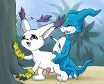  anal blue_skin digimon gatomon genderswap irene_(artist) on_all_fours rule_63 veemon white_fur 