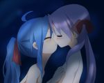 2girls agenasu ahoge alternate_hairstyle bare_shoulders blue_hair blush closed_eyes collarbone from_side hair hair_ribbon head_tilt hiiragi_kagami izumi_konata kagami_hiiragi kiss kissing konata_izumi lucky_star multiple_girls nude ponytail purple_hair ribbon sidelocks twintails upper_body yuri