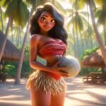  ai_generated bare_midriff beach big_breasts big_hips brown_eyes brown_skin disney long_hair looking_at_viewer miniskirt moana_(disney) moana_waialiki palm_tree smile 