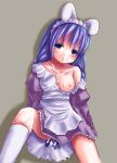  animal_ears blue_eyes blue_hair braid breasts bunny_ears bunny_maid cum cum_on_body cum_on_breasts cum_on_clothes cum_on_upper_body dress facial footwear kneehighs maid nipples sitting socks tears trickster trickster_online twin_braids 