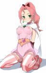 1girl adult blush breasts earrings final_fantasy final_fantasy_iv final_fantasy_iv_the_after green_eyes hima jewelry kneeling looking_at_viewer nipples older pink_hair ponytail porom sandals see-through simple_background solo white_background