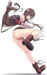 1girl black_hair boots breasts brown_hair censored elbow_gloves erect_nipples final_fantasy final_fantasy_vii gloves huge_breasts kicking legs long_hair long_legs miniskirt nipples no_panties pussy shiragi skirt solo suspender_skirt suspenders thighs tifa_lockhart upskirt white_background